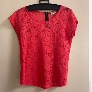 Free Kisses Womens Large Coral See Through Pattern Short Sleeve Blouse